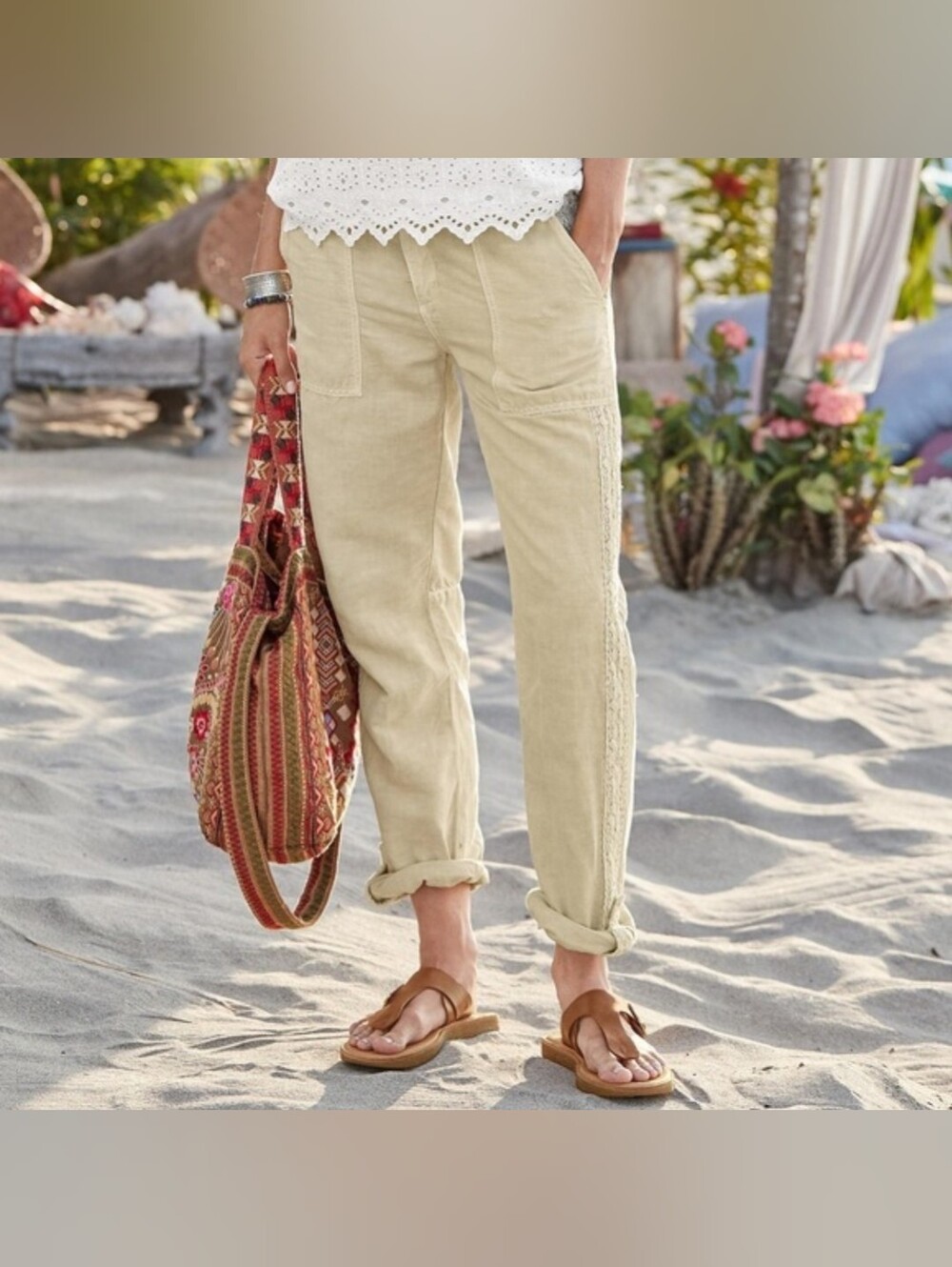 Sundance Organia Linen Blend Pants Size 14 Mustard Seed Lace Side Panels
